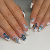 Cyflymder 24pcs French Almond Press on Nails Blue Flower False Nails Summer Wearable Stick-on Nails Fake Nail Uñas Накладные Ногти 네일팁