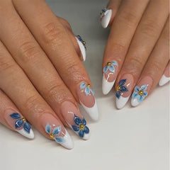 Cyflymder 24pcs French Almond Press on Nails Blue Flower False Nails Summer Wearable Stick-on Nails Fake Nail Uñas Накладные Ногти 네일팁