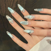 Cyflymder 10Pcs Blue Cat's Eye Handmade Fake Nails Flower Pearl Rhinestone False Nails Press on Long Round Reusable Full Cover Nails Tips