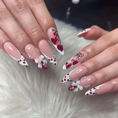 Cyflymder 24pcs French Cherry False Nails 3d Bow Pearl Sweet Style Fake Nail Tips Full Cover Wearable Press on Nails Valentine's Day Gift