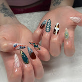 Cyflymder 24pcs y2k Retro Fake Nail Tips Sweet Cool Almond Press on Nails Wearable Wavy Striped Crocodile Pattern False Nails Patches