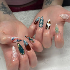 Cyflymder 24pcs y2k Retro Fake Nail Tips Sweet Cool Almond Press on Nails Wearable Wavy Striped Crocodile Pattern False Nails Patches