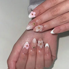 Cyflymder 24pcs French Almond Press on Nails Flower False Nails Cute Wearable Stick-on Nails Fake Nail Накладные Ногти 네일팁 Uñas Postizas