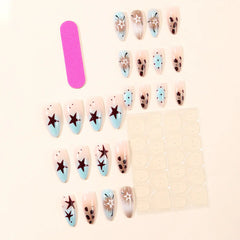 Cyflymder 24pcs Retro Leopard Print Fake Nail Tips y2k Blue French Almond Press on Nail Wearable Spicy Girl False Nails for Women Girls