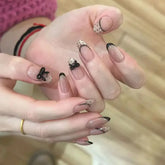 Cyflymder 24pcs Press on Nails Cat Eye Polka Dot Bow French False Nail Sweet and Cool Temperament Removable Wearable Nail for Women&Girl