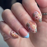 Cyflymder 24Pcs Short Round Head Fake Nails Press on Blue Edge French Design Full Cover Nails Tips Colorful Flower Detachable False Nails