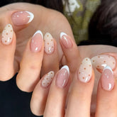 Cyflymder 24pcs INS Sweet Pink Fake Nails White French Almond Press on Nails Sweet Girl Korean Style Wearing False Nail Patches
