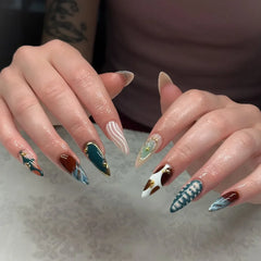 Cyflymder 24pcs y2k Retro Fake Nail Tips Sweet Cool Almond Press on Nails Wearable Wavy Striped Crocodile Pattern False Nails Patches