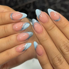 Cyflymder 24Pcs French Fake Nails Press on Almond White Wave False Nails Removable Long Full Cover Nail Tips Finished Fingernails Nail Art