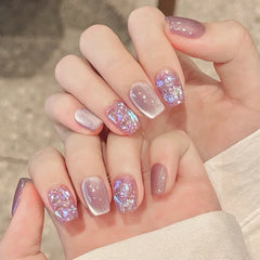 Cyflymder 24Pcs Short Ballet Press on Fake Nails Silver Bow French Deisgn False Nails Rhinestone Reusable Artificial Full Cover Nails Tips