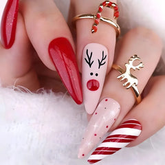 Cyflymder Christmas Press on Nails Red Stripe Deer Snow Pattern Fake Nails for Women Wearable Winter Long Coffin/Almond False Nails
