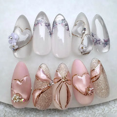 Cyflymder 24pcs Pink Flower Almond Press on Nails Summer False Nails Wearable Stick-on Nails Fake Nail Uñas Postizas Накладные Ногти 네일팁