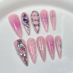 Cyflymder 10Pcs Gold Line Handmade Almond Press on Nails Rhinestone Full Cover Fake Nails Metal Manicure Wearable Artificial Nail Tips Art