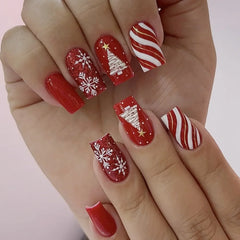 Cyflymder 24pcs Gold Almond Press on Nails Christmas Snowman Deer Print Fake Nails for Women Girls Manicure DIY Wearable False Nails