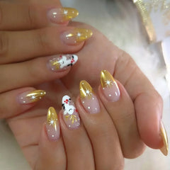 Cyflymder 24pcs Gold Almond Press on Nails Christmas Snowman Deer Print Fake Nails for Women Girls Manicure DIY Wearable False Nails