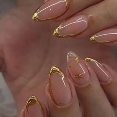 Cyflymder 24pcs French Almond Press on Nails Blue Flower False Nails Summer Wearable Stick-on Nails Fake Nail Uñas Накладные Ногти 네일팁