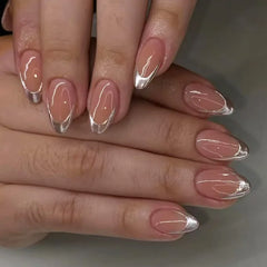 Cyflymder 24Pcs French Fake Nails Press on Almond White Wave False Nails Removable Long Full Cover Nail Tips Finished Fingernails Nail Art