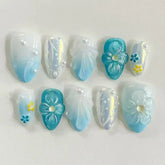 Cyflymder 24Pcs Mid-length Almond Fake Nails Press on Blue Gradient 3D Flower Full Cover Nails Tips Pearl Wearable Artificial False Nails