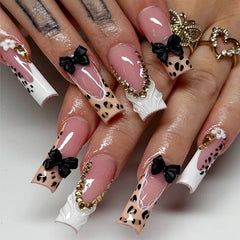 Cyflymder 24Pcs Long Square Press on Fake Nails French Leopard Print Detachable False Nails 3D Bow Flower Rhinestone Full Cover Nails Tips