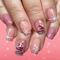 Cyflymder 24pcs Shiny Pink Sequins Press on Nails Short Square Coffin Christmas Fake Nails Women Wearable Shiny Short French False Nails