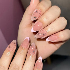 Cyflymder 24pcs French Almond Press on Nails Blue Flower False Nails Summer Wearable Stick-on Nails Fake Nail Uñas Накладные Ногти 네일팁