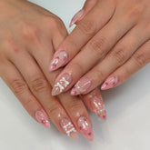 Cyflymder 24Pcs 3D Bow Strawberry False Nails Art Mid-length Almond Full Cover Nails Tips Pink Smudge Pearl Detachable Press on Fake Nails