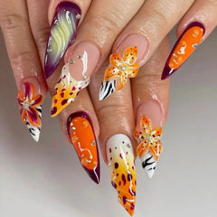 Cyflymder 24pcs Sweet Cool Press on Nails 3D Carved Flower Design Long Almond Fake Nails for Women Girls Wearable French False Nails