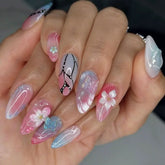 Cyflymder 24pcs Pink Flower Almond Press on Nails Summer False Nails Wearable Stick-on Nails Fake Nail Uñas Postizas Накладные Ногти 네일팁