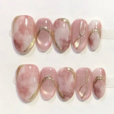 Cyflymder 10Pcs Cat's Eye Pink Smudge Fake Nail Short Round Handmade Press on Nails Irregular Gilding Reusable Full Cover False Nails Tips