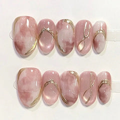 Cyflymder 10Pcs Cat's Eye Pink Smudge Fake Nail Short Round Handmade Press on Nails Irregular Gilding Reusable Full Cover False Nails Tips
