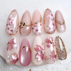 Cyflymder 24pcs Pink Flower Almond Press on Nails Summer False Nails Wearable Stick-on Nails Fake Nail Uñas Postizas Накладные Ногти 네일팁