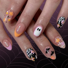 Cyflymder 24pcs Halloween Almond Press on Nails French False Nails Kawaii Wearable Stick-on Nails Fake Nail Uñas Накладные Ногти 네일팁