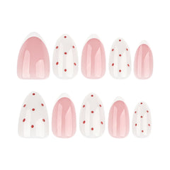 Cyflymder 24pcs INS Sweet Pink Fake Nails White French Almond Press on Nails Sweet Girl Korean Style Wearing False Nail Patches