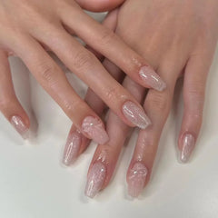 Cyflymder 24Pcs Short Ballet Press on Fake Nails Silver Bow French Deisgn False Nails Rhinestone Reusable Artificial Full Cover Nails Tips