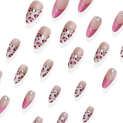 Cyflymder 24pcs Pink Leopard Print Fake Nail Tips y2k Spicy Girls French Almond Press on Nail Wearable Detachable Sweet Korean False Nails