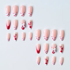 Cyflymder 24pcs French Cherry False Nails 3d Bow Pearl Sweet Style Fake Nail Tips Full Cover Wearable Press on Nails Valentine's Day Gift