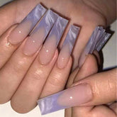 Cyflymder 24Pcs Purple French Fake Nails Long Coffin False Nails Marbling Detachable Ballerina Full Cover Nail Tips Press on Nails