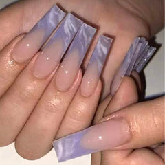 Cyflymder 24Pcs Purple French Fake Nails Long Coffin False Nails Marbling Detachable Ballerina Full Cover Nail Tips Press on Nails