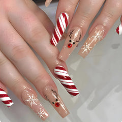 Cyflymder Christmas Press on Nails Red Stripe Deer Snow Pattern Fake Nails for Women Wearable Winter Long Coffin/Almond False Nails