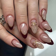 Cyflymder 24Pcs Red Cat's Eye Nails Set Press on Golden French Design False Nails Mid-length Almond Detachable Full Cover Fake Nails Tips