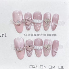 Cyflymder 10Pcs Pink Cat Eye Almond Handmade Press on Nails Fake Nails with Rhinestone Design Wearable Stick-on Nails False Nail Uñas 네일팁