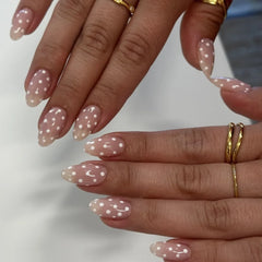 Cyflymder 24Pcs Short Almond Detachable Press on Nails Black White Polka Dot False Nails Gradient French Pearl Full Cover Fake Nails Tips