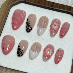 Cyflymder 24Pcs Mid-length Almond Fake Nails Press on Blue Gradient 3D Flower Full Cover Nails Tips Pearl Wearable Artificial False Nails