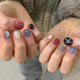 Cyflymder 10pcs Short Oval Shaped Press-On Nails - Color Block Stripes & Star Designs Glossy Mix-and-Match False Nails for Women and Girls