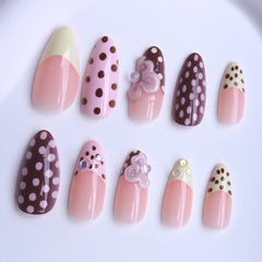 Cyflymder 24pcs Sweet Cute Dotted Fake Nails with 3D Flower Design Press on Nails INS Fashion Almond/Ballet Shaped False Nail Patches