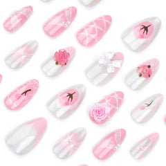 Cyflymder 24pcs French Cute Fake Nail Sweet Pink 3D Flowers Bowknot Design Almond False Nail Patch Korean Style Press on Nails for Girls