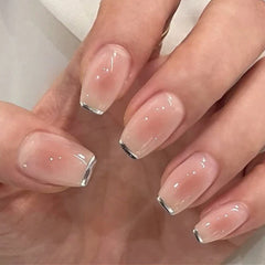 Cyflymder French Silver Edge Fashion Wearable Nail Art Blush Halo Dyeing Nude Fake Nails Detachable Finished False Nails Press on Nails