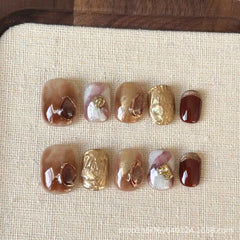 Cyflymder 10Pcs Autumn Handmade Press on Nails Brown Square Fake Nails Wearable Stick-on Nails Short False Nail 네일팁 Накладные Ногти Uñas