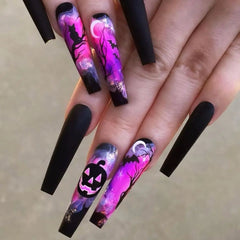 24pcs White Bones Long Pointed Fake Nail Patches Halloween Ghost Spider Webs Press on Nails for Girls Women Wearable Detachable