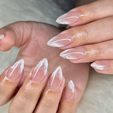 Cyflymder 24Pcs French Fake Nails Press on Almond White Wave False Nails Removable Long Full Cover Nail Tips Finished Fingernails Nail Art